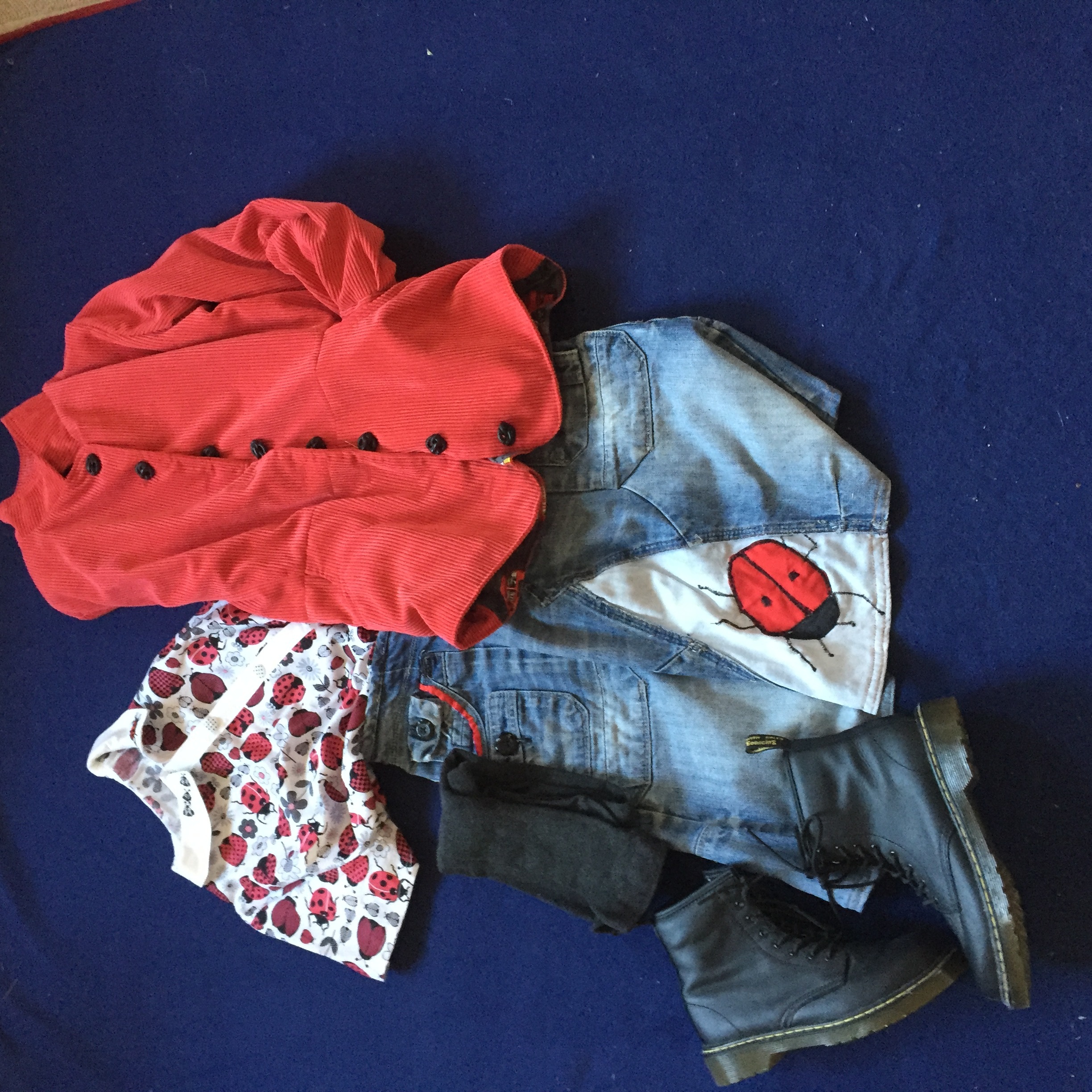 Flat lay, red jacket, denim skirt,